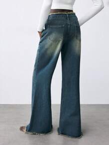 SHEIN Maija 女士低腰宽松阔腿蓝色牛仔裤 - 中等水洗藍 - 查看 2