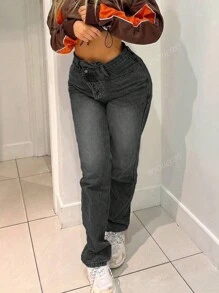 Pantalones vaqueros lavados con cintura asimétrica y pierna entallada, de estilo casual para mujeres