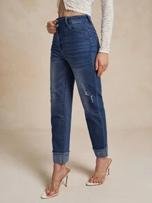 Women's Asymmetrical Waistline Pockets Stretchy Casual Foldable Fashion Jeans, Capris For Women, Pride 4th Of July Outfits For Women, Vacation Outfits For Women, Capri Jeans - Blue - View 5