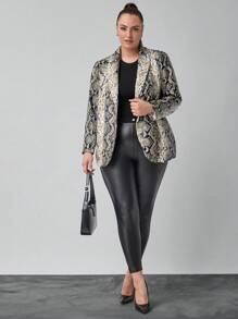 SHEIN Clasi Plus Size Women's Snakeskin Print Lapel Collar Long Sleeve Blazer - Multicolor - View 4