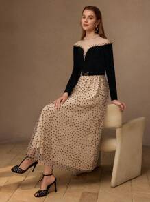 MOTF PREMIUM MESH PANEL HEART PRINT FRILL MOCK NECK BELTED LONG DRESS, WOMEN OUTFIT - Black - View 3