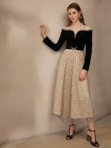 MOTF PREMIUM MESH PANEL HEART PRINT FRILL MOCK NECK BELTED LONG DRESS, WOMEN OUTFIT - Black - View 7