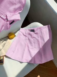Comfortcana Striped Print  Drop Shoulder Shirt & Pleated Skirt Without Cami Top