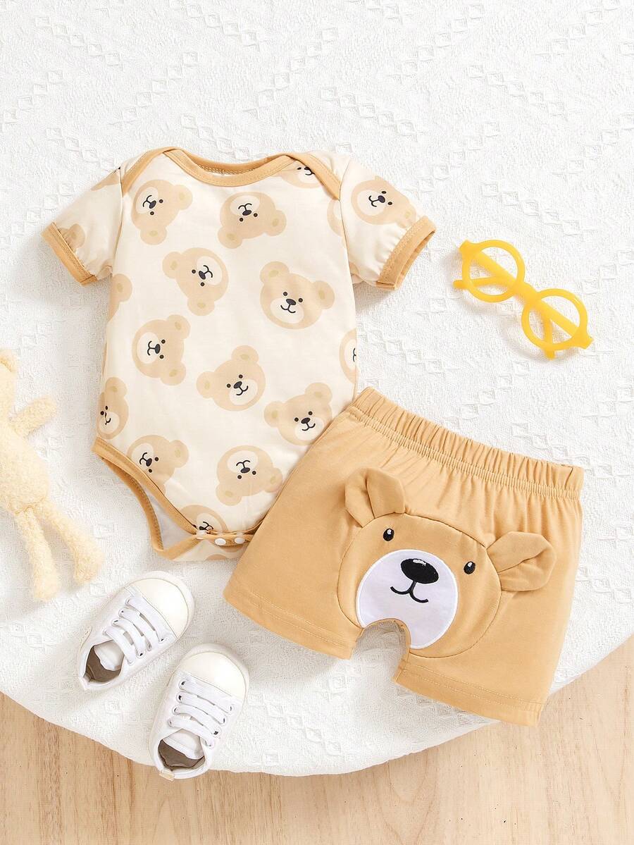 SHEIN 2件套新生儿婴儿男女宝宝休闲可爱小熊印花短袖连体衣和短裤套装，春夏款 - 彩色 - 查看 1