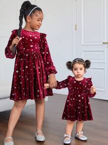 SHEIN Baby Girls Knitted Star Velvet Round Neck Ruffle Hem Fitted Dress - Burgundy - View 4