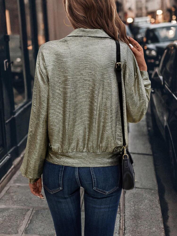 Women's Shiny Sequins Long Sleeve Bomber Jacket, Metallic Finish