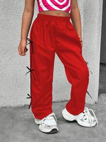 SHEIN Mommy And Me Matching (2 Pieces Sold Separately) Young Girl Woven Black Casual All-Match Versatile Streetwear Cool Y2K Style Sweet Bow Ribbon Functional Straight Leg Pants, Suitable For Spring, Summer, Fall, Winter, Casual, Mother-Daughter - Red - View 5