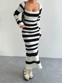 Flirla Women's Striped Turtleneck Long Sleeve Maxi Fitted Elegant Sweater Dress, Autumn Winter - Black and White - View 1