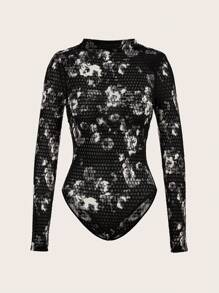 COSMINA Body con cuello de campana de estampado gráfico blanco y negro para mujer, otoño - Blanco y Negro - Ver 1