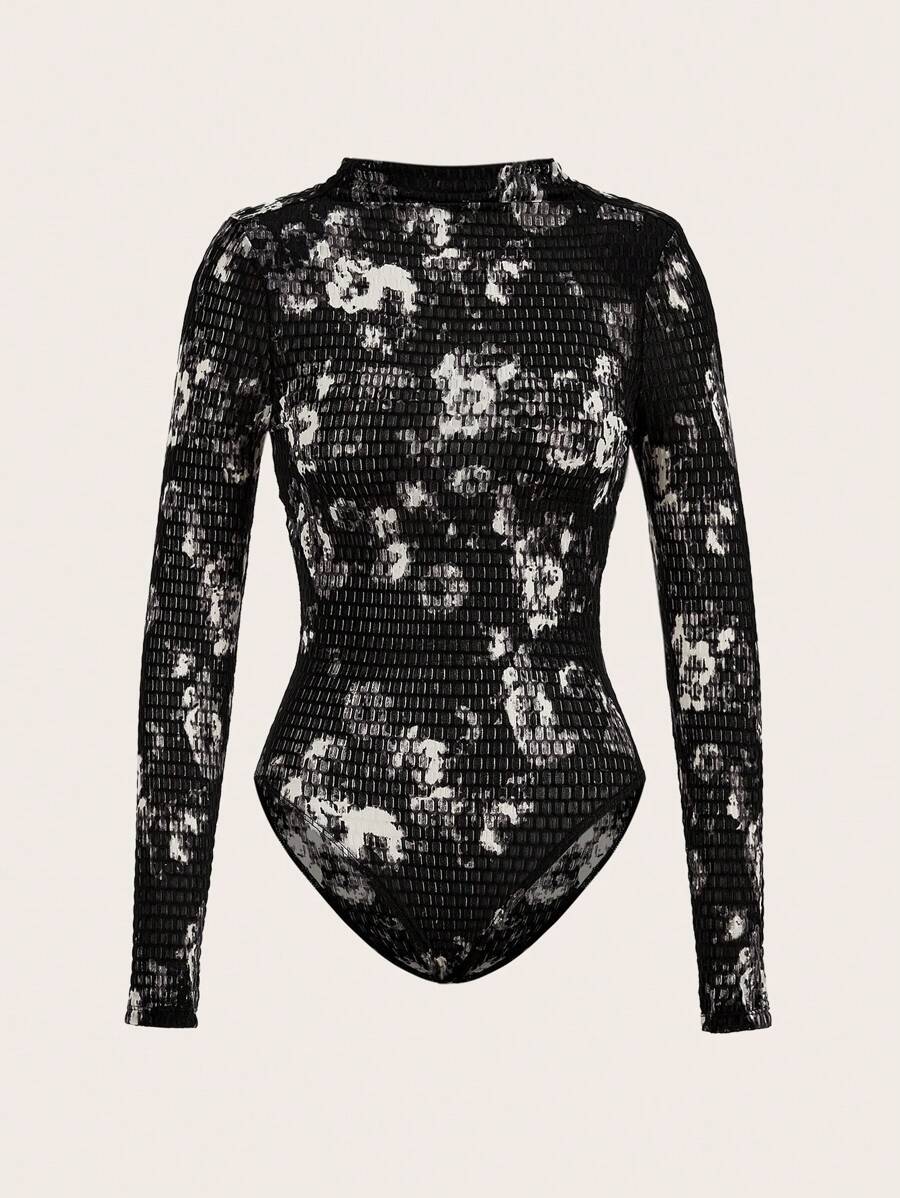 COSMINA Body con cuello de campana de estampado gráfico blanco y negro para mujer, otoño - Blanco y Negro - Ver 1