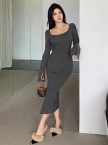 DAZY Women Square-Neck Solid Color High-Split Fitted Sweater Dress