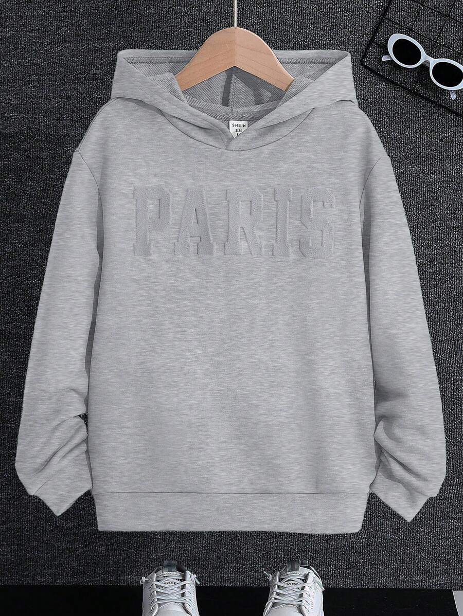 SHEIN 男童休闲舒适纯色卫衣,秋冬季,灰色 - 淺灰色 - 查看 1