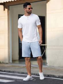 HIMLAND 男士纯色梭织中腰直筒休闲短裤，适合春夏季，老款 - 淺藍色 - 查看 5