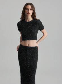 Ontre 2件套女士时尚短袖露脐针织上衣和半裙套装，秋季 - 深灰色 - 查看 8