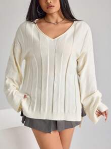 SHEIN ICON Plus Size Women V-Neck Wide Ribbed Knitted Sweater, Cream White, Autumn/Winter College Style Pullover - White - View 2