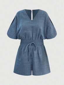 EMERY ROSE V-Neck Open Shoulder Pleated Jumpsuit - Blue - View 4