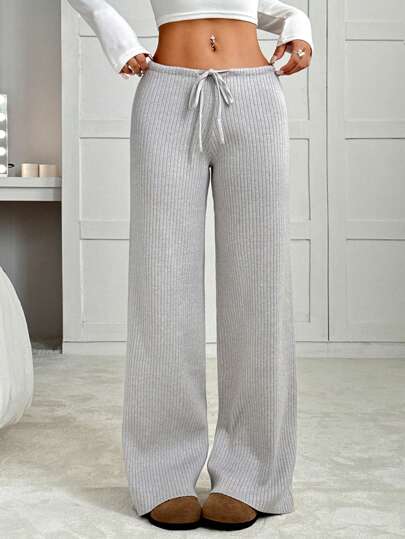 SHEIN EZwear Women's Solid Color Rib-Knit Pants In Fall/Winter