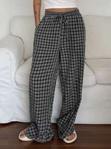 DAZY Plaid Loose Fit Straight Leg Loungewear Pants,Back To School, Fall Pajama - Grey - View 3