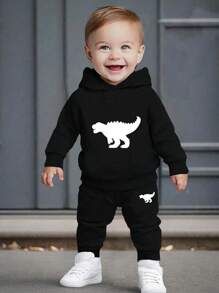 男婴恐龙贴花连帽运动衫套装 - 黑色 - 查看 1
