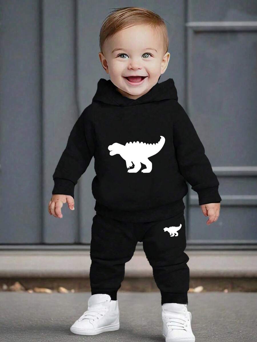 男婴恐龙贴花连帽运动衫套装 - 黑色 - 查看 1