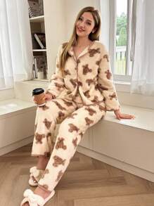 Snug Zone 泰迪熊印花长袖上衣和裤子蓬松睡衣套装，秋冬服装，舒适保暖 - 杏色 - 查看 6