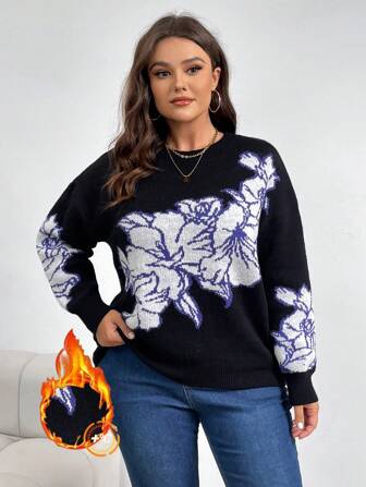 SHEIN Privé 大码女式撞色花卉图案套头衫，适合秋冬季