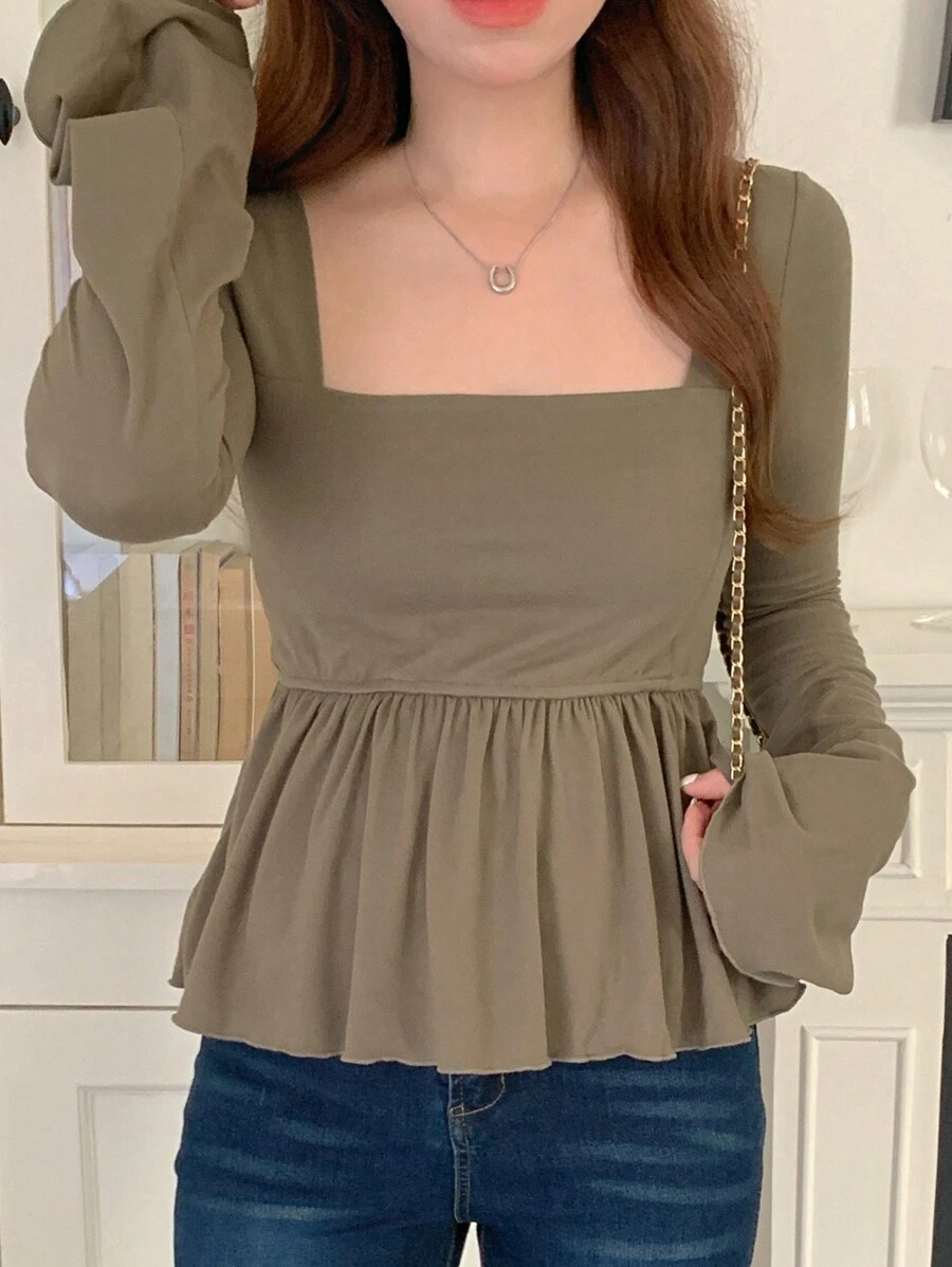 DAZY Women's Solid Color Square Collar Ruffle Hem Long Sleeve T-Shirt - Brown - View 1