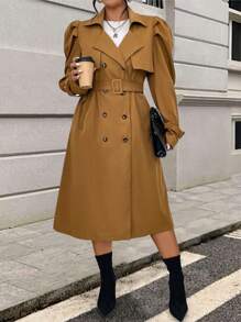 SHEIN Unity Plus Size Women's Solid Color Double Breasted Bubble Sleeve Elegant Trench Coat, Spring/Autumn Fall Cloth For Women