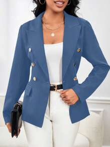 Chiquease Women's Casual Solid Double-Breasted Blazer Jacket For Fall - Baby Blue - View 4