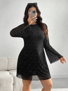 SHEIN EZwear Plus Size Rhinestone Mesh Spring/Autumn Dress - Black - View 6