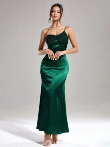 SHEIN Belle Women's Solid Color Spaghetti Strap Sequin Decoration Long Cocktail Dress, Prom Semi Formal Dress, For Birthday, Wedding Guest, Graduation, Dinner, Homecoming, Christmas