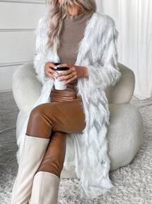 SHEIN LUNE Women's Fashion Casual Fringed Feather Trim Long Cardigan - White - View 7