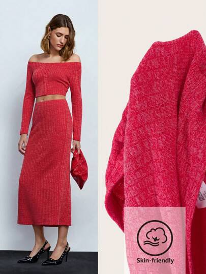 Maija 女式红色纯色针织前扣露肩上衣和裙子两件套，秋季