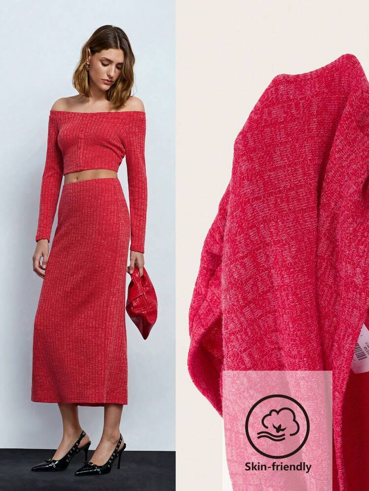 SHEIN Maija Women Red Solid Color Knitted Front-Button Off Shoulder Top And Skirt 2-Piece Set, Autumn
