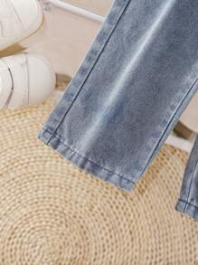 Baby Girl Autumn Winter Outfit, Includes Striped Sweatshirt And Loose Fit Ruffle Trim Denim Pants, Casual Fashion Set