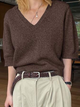 DAZY Maglione casual a maniche corte con scollo a V minimalista di colore unito, adatto per il pendolarismo, abbigliamento per il ritorno a scuola, outfit per insegnanti in autunno