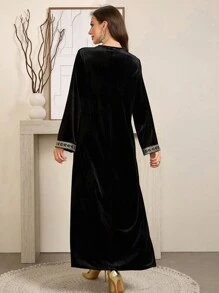 Al Najma Elegant Long Sleeve Velvet Modest Dress, Spring-Autumn 2024 New Arrival - Black - View 2