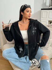 SHEIN EZwear Plus Size Women's Rhinestone Embellished Hooded Zip Up Sweatshirt - Black - View 7