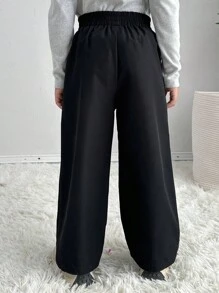 SHEIN Pantalones rectos de pierna ancha de unicolor con parche de letra, informal, a juego para madre e hija, estilo preppy, excelente para uso casual, diario y escolar en verano y otoño-invierno