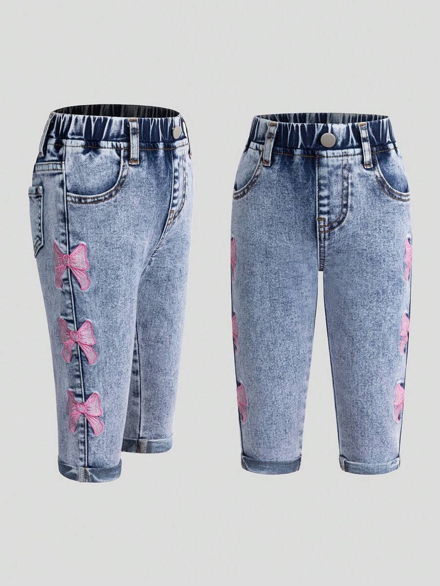 Babymeisjes Nieuwe Mode Roze Strik Geborduurde Gewassen Denim Taps Toelopende Broek - Medium gebleekt - Bekijken 1