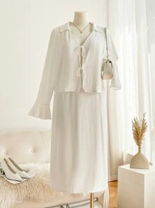 SHEIN Frenchy Trang phục thường ngày cỡ lớn mùa thu, Quần áo mùa thu, Quần áo mùa thu cho phụ nữ, Trang phục du lịch sân bay, Bộ 2 váy và áo sơ mi tay chuông màu trơn, Mùa xuân và mùa thu - trắng - Xem 6