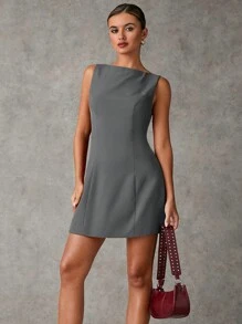 SHEIN BAE 女士优雅纯色无袖紧身迷你连衣裙返校节连衣裙返校节连衣裙短款秋季女士连衣裙红色女士连衣裙酒红色连衣裙秋季女装商务休闲女士及膝连衣裙秋季女装圣诞服装 - 深灰色 - 查看 3