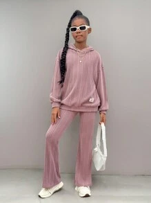 SHEIN Tween Girls' Casual Knit Hoodie & Sweatpants Set