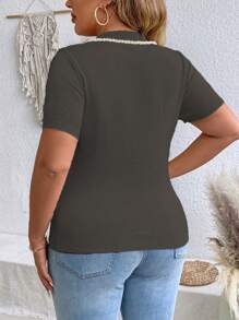 SHEIN LUNE 大码女式复古大码圆领珍珠蝴蝶结针织套头衫，秋冬休闲弹力毛衣，适合万圣节、新年、情人节、感恩节、圣诞节、复活节、派对 - 深灰色 - 查看 2
