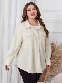 Lacomfia Áo khoác thường ngày tay dài cài nút màu trơn cỡ lớn - Màu be - Xem 4