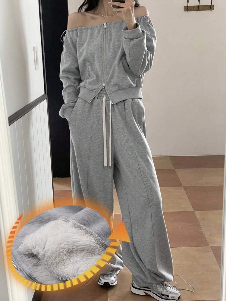 2pcs Women Casual Warm Thickened Off-The-Shoulder Top And Wide Leg Pants Set, Autumn Winter, Thermal Lined Thermal Lined Off Shoulder Top Tracksuits Women Set Lounge Sets For Women
