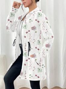 SHEIN LUNE Áo khoác hoodie thường ngày in họa tiết hoa toàn thân có khóa kéo toàn bộ phía trước dành cho nữ - Nhiều màu - Xem 4