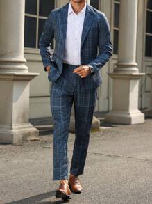 Manfinity Mode Bộ vest kẻ caro và quần âu nam - Màu xanh hải quân - Xem 3
