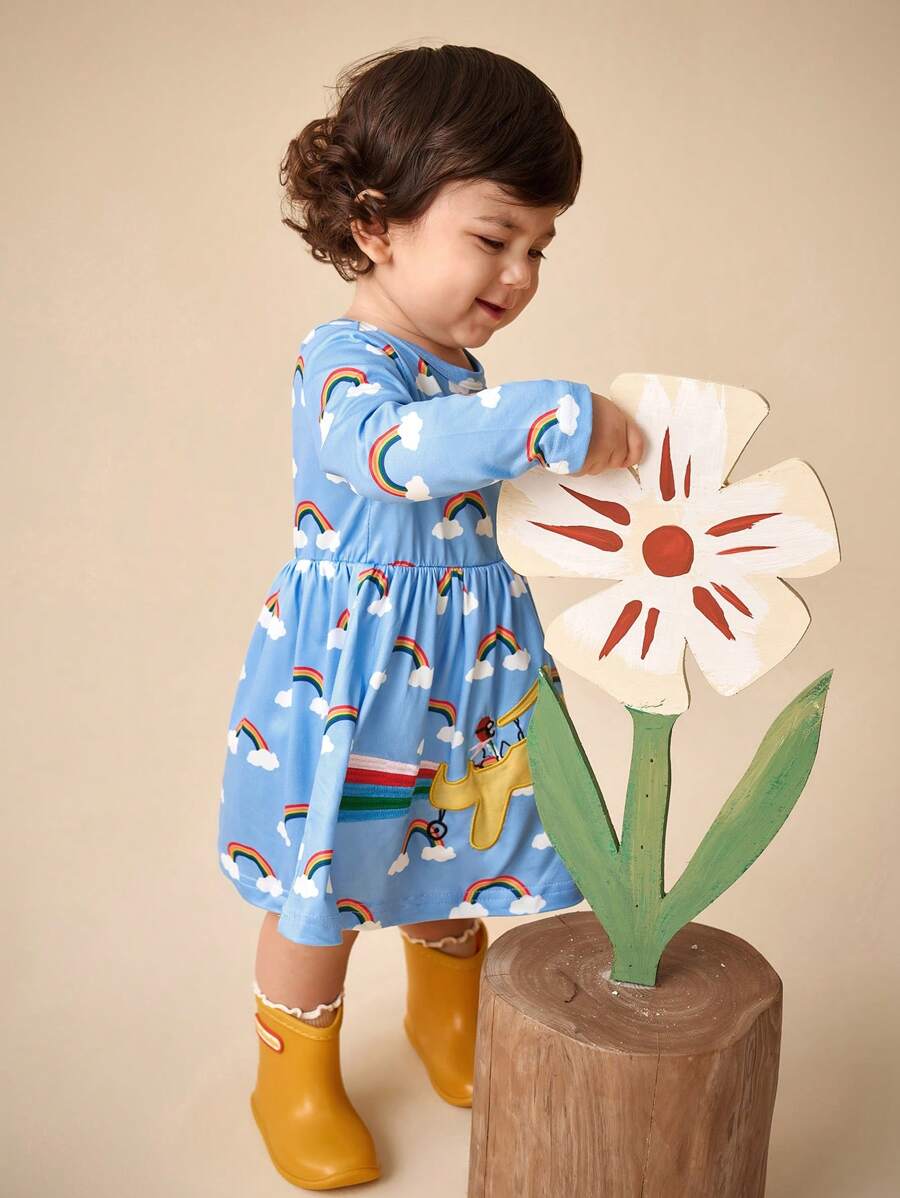 SHEIN Baby Girl Autumn/Winter Long Sleeve Knitted Pilot Cloud Print Casual Fashion Dress - Blue - View 1