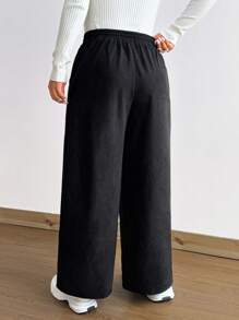 Flirla Plus Size Drawstring Pocket Black Wide-Leg Pants With Thermal Lined, Autumn/Winter - Black - View 2